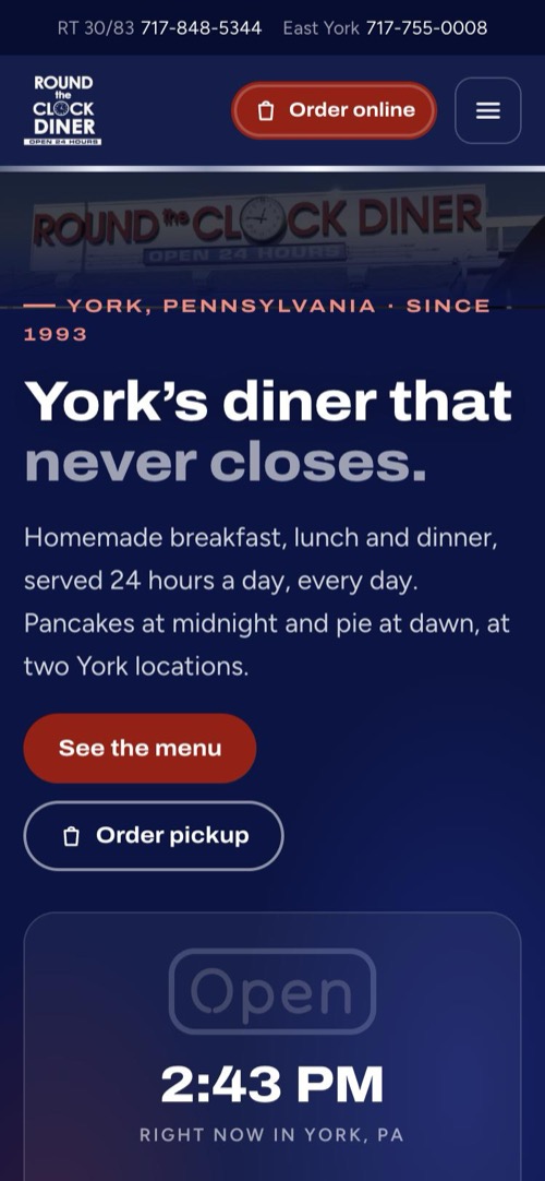 Round the Clock Diner homepage on a phone